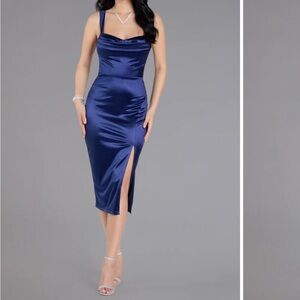 Windsor Blue Satin Slit Midi Dress